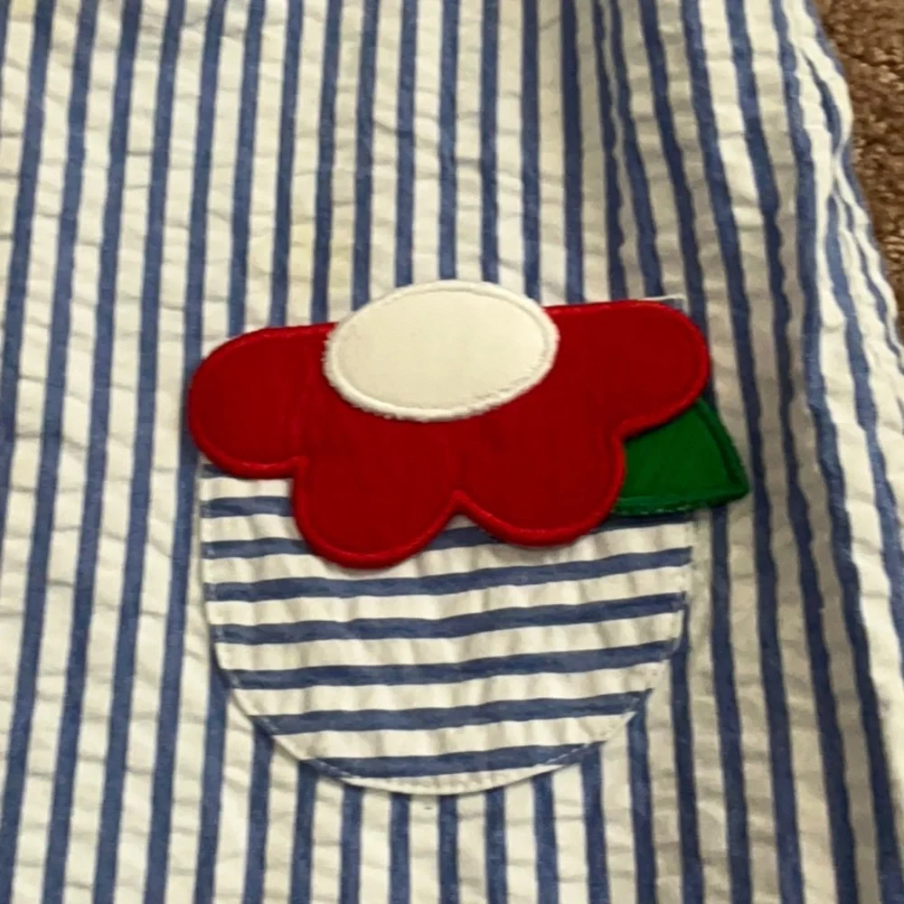 Florence Eiseman Blue and White Striped Dress with Red Flower Pockets